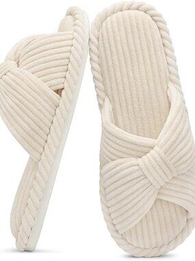 House Slippers for Women Corduroy Cross Bow Indoor Slippers Open Toe Slip On Bed